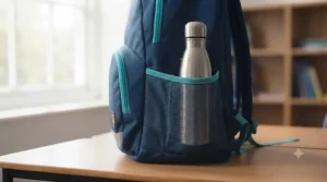 Elasticated mesh side pocket holding a reusable water bottle on a year 3 to 6 bookbag.