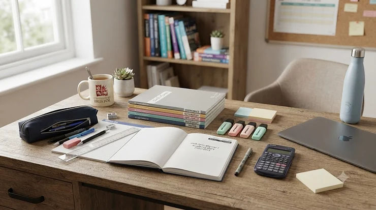 A complete stationery set for sixth form students laid out on a desk, featuring a refill pad, pens, and highlighters. stationery set for sixth form students