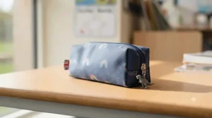 Small fabric pencil case suitable for Key Stage 1 children featuring a secure zip closure.