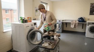 Laundry basket, detergent, and cleaning supplies ready for keeping a uni room tidy.