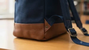 Sixth form student taking a laptop out of their protective college bag in a library study area.