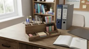 A tidy study desk setup with a stationery organiser and folders for a sixth form student's home study space.