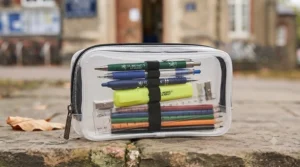 Clear plastic pencil case required for secondary school GCSE and mock exams.