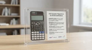 Infographic outlining UK exam regulations for using scientific calculators in GCSE maths papers.