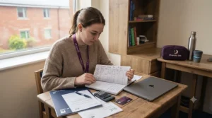 Budgeting planner and calculator helping a UK university student manage their student loan and living costs.