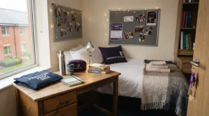 Cosy UK university accommodation bedroom decorated with fairy lights, bedding, and posters for freshers' week.