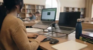 Universal desktop laptop stand supporting various laptop sizes used by undergraduates across different degree courses
