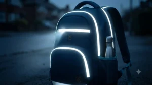 Water-resistant fabric texture on a durable children's school bag designed for British weather.