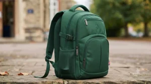 Water-resistant school backpack designed to keep Year 7 books dry during rainy UK weather.
