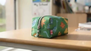 Wipe-clean canvas pencil bag with a fun dinosaur print for schoolboys in Year 2.