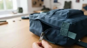 Close-up of water-resistant fabric and heavy-duty zips on a popular UK secondary school rucksack.