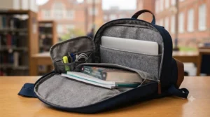Durable, water-resistant exterior fabric on a student laptop bag for sixth form to protect against British weather.