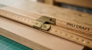 Close-up of metric measurements on a wooden folding ruler designed for precise crafting.