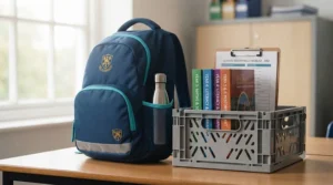 Size comparison guide showing a spacious backpack suitable for children in years 3 through 6.