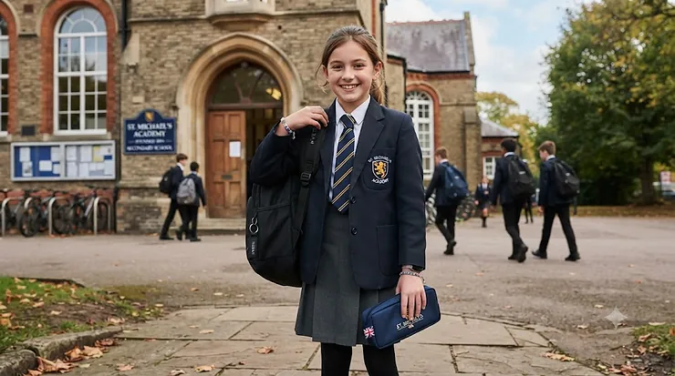 A Year 7 student wearing a durable backpack and holding a secondary school pencil case, standing outside school gates in the UK. pencil case for secondary school