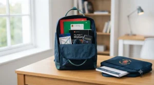 Comparison of backpack sizes showing what fits inside a standard Year 7 school bag, including textbooks and a pencil case.