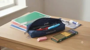 Bright red zippered pencil case packed with essential stationery for back-to-school shopping.