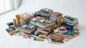 A colourful budget stationery pack under £10 displayed as part of a bulk buying setup for school.
