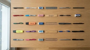 Various contents from a budget stationery pack under £10 laid out to show cost per item value.