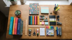 A budget stationery pack under £10 arranged neatly on a wooden school desk with notebooks and pens.