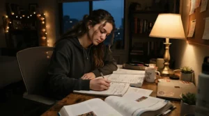 A student studying with a budget stationery pack under £10 during evening revision at home.