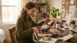 A teenager unpacking a budget stationery pack under £10 in their bedroom for the new term.