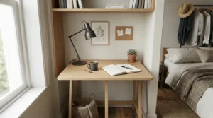 A compact desk for small bedroom study featuring a foldable wooden frame against a neutral wall