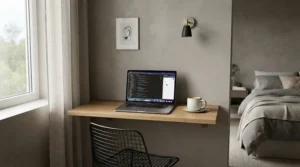A compact desk for small bedroom study featuring a minimalist setup with a slim laptop