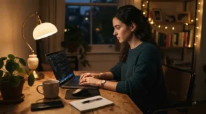 A compact desk for small bedroom study used for remote working and evening revision