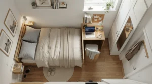 A compact desk for small bedroom study positioned efficiently within a tight room layout