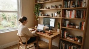 A compact desk for small bedroom study equipped with built-in overhead bookshelves