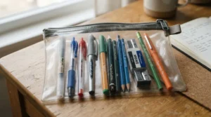 A complete stationery set for school arranged in a clear pencil case for exam hall requirements.
