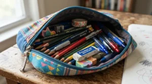 A vibrant complete stationery set for school packed securely inside a zipped canvas pencil case.