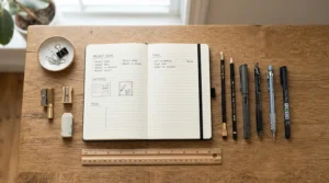 A neatly organised complete stationery set for school spread across a wooden study desk, ready for lessons.