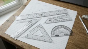 A complete stationery set for school featuring geometric rulers, protractors, and mathematical instruments.