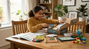 A child unpacking a complete stationery set for school at the kitchen table for homework time.