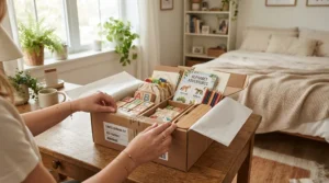 An exciting unboxing view of a brand new complete stationery set for school on a bedroom desk.