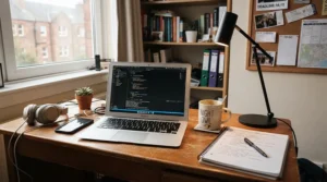 A space-saving desk lamp for halls of residence positioned neatly on a narrow university accommodation desk.