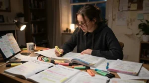 A focused student reviewing notes underneath a reliable desk lamp for halls of residence during exam season.