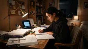A student using a desk lamp for halls of residence during a late-night essay writing session in their room.