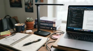 A compact desk lamp for halls of residence connected via a USB cable to a laptop on a small student desk.