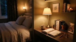 A cosy corner featuring a desk lamp for halls of residence casting a warm light for relaxing after lectures.
