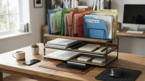 A tiered desk organiser for dissertation research sorting colour-coded project files and research logs.