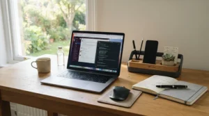 A minimalist desk organiser for dissertation research positioned beside a laptop and thesis notes.