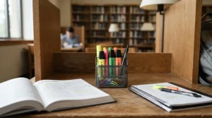 A compact desk organiser for dissertation research set up on a quiet university library desk.