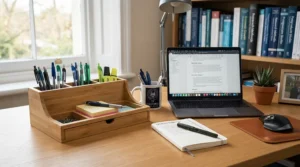 An eco-friendly bamboo desk organiser for dissertation research in a postgraduate study space.