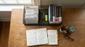 A metal desk organiser for dissertation research keeping academic journals and reference cards neatly sorted.