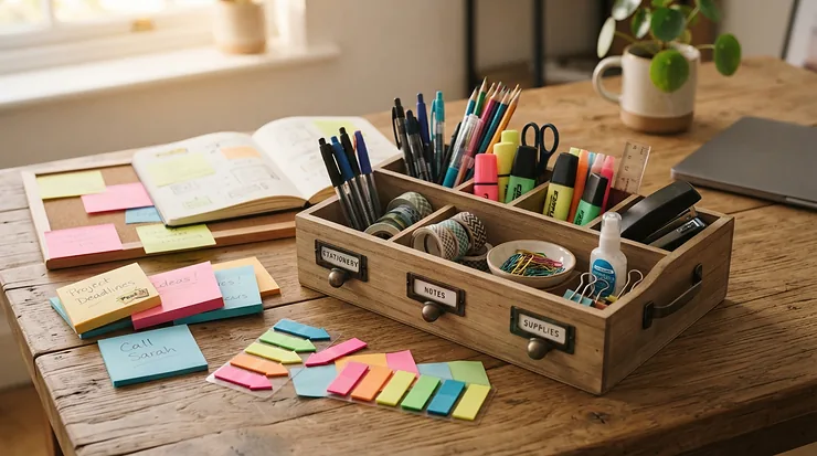 A multi-compartment desk organiser for dissertation research surrounded by colourful sticky note tabs.