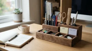 A tidy wooden desk organiser for dissertation research holding pens and notepads on a student study desk.