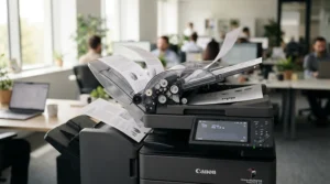 Close-up of a printer for dissertation writing performing automatic double-sided printing